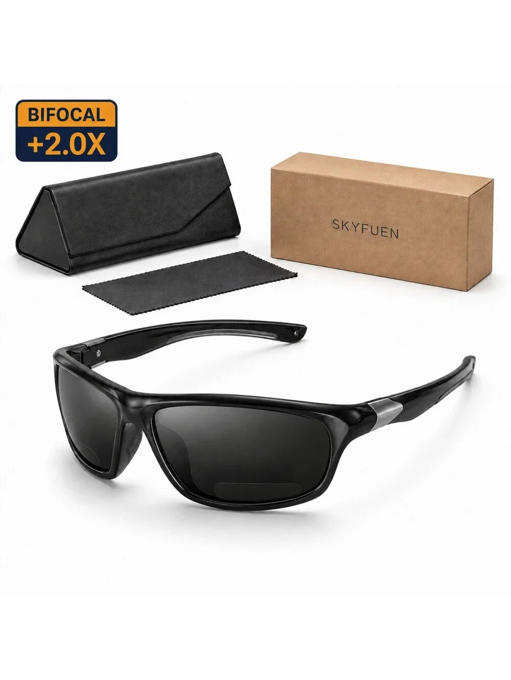 SKYFUEN +2.0X Polarized Bifocal Reading Sunglasses TR90 Black Wraparound